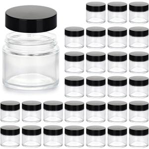 2oz Jars with Lids, HOA Kinh 30 Pack Clear Glass Jars Empty Cosmetic Containers Round Airtight Glass Jar with Inner Liners and black Lids for Storing Lotions, Powders, and Ointments