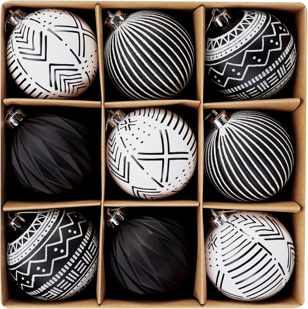 DecorbyHannah Christmas Tree Ornaments Decorations, 9ct 3.15 inches Black White Boho Christmas Ornaments Set, Shatterproof Plastic Hanging Ball Bulk for Xmas Home Indoor Party Table Decor
