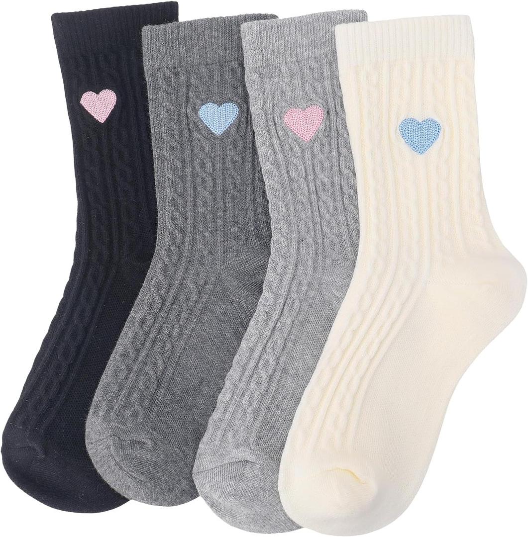 4 Pairs Womens Crew Socks Casual Knit Cotton Socks with Heart Design | Warm Comfy Breathable Sock for Everyday Casual Dress Wear