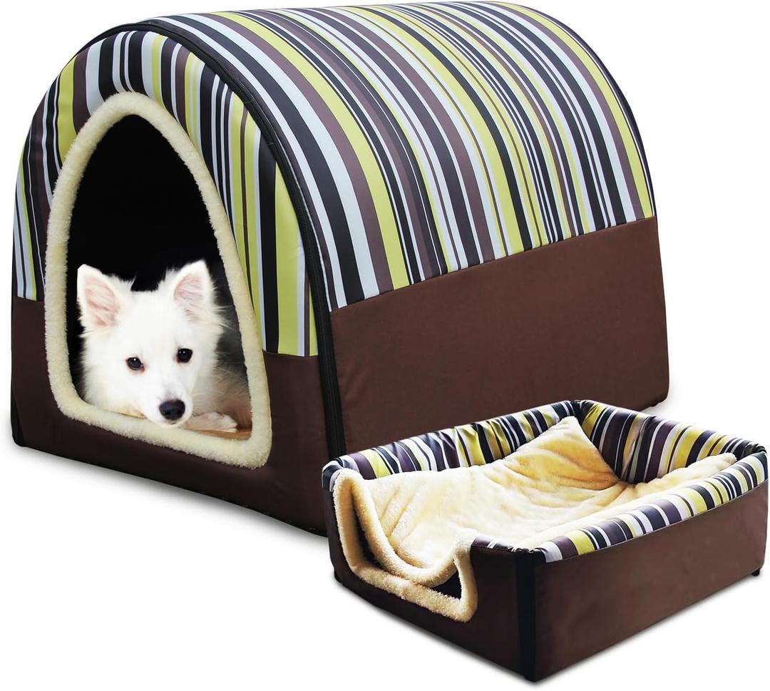 Dog Bed,2 Ways to Use,Indoor Pet House with Fluffy Mat,Removable and Washable Cover,Splash-Proof House and Non-Slip Bottom,for Large Dogs(XL Vertical Stripes)