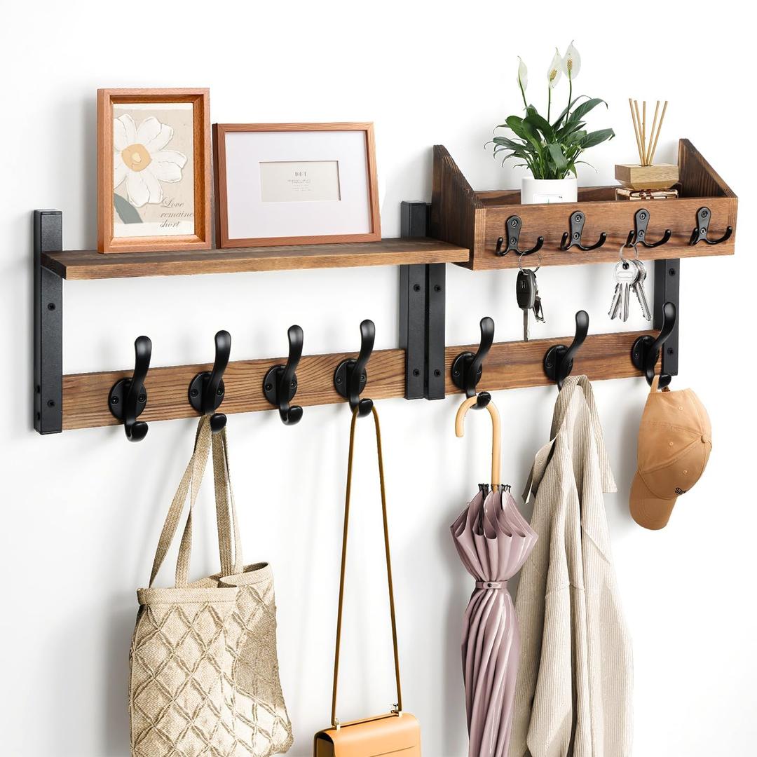 29" Coat Rack Wall Mount with Shelf, 4 in 1 Wood Entryway Shelf with 11 Metal Hooks for Clothes Key Hat Backpack, Wall Hanger for Living Room Bedroom Bathroom