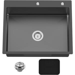 Black 27x22 Inch Drop In Kitchen Sink-Stainless Steel Topmount Modern Single Bowl Large Kitchen And Bar Sink Come With Silicon Mat,Drain Strainer Set Compatibility With Various Kitchen&Bar Style