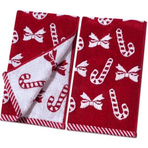 Shemilly 2pcs Christmas Hand Towels Red Candy Bow Jacquard Hand Towel for Bath 100% Cotton Thick Soft Bathroom Kitchen Decorative Set for Xmas Winter Holiday Decor Gift,16 x 27 Inch