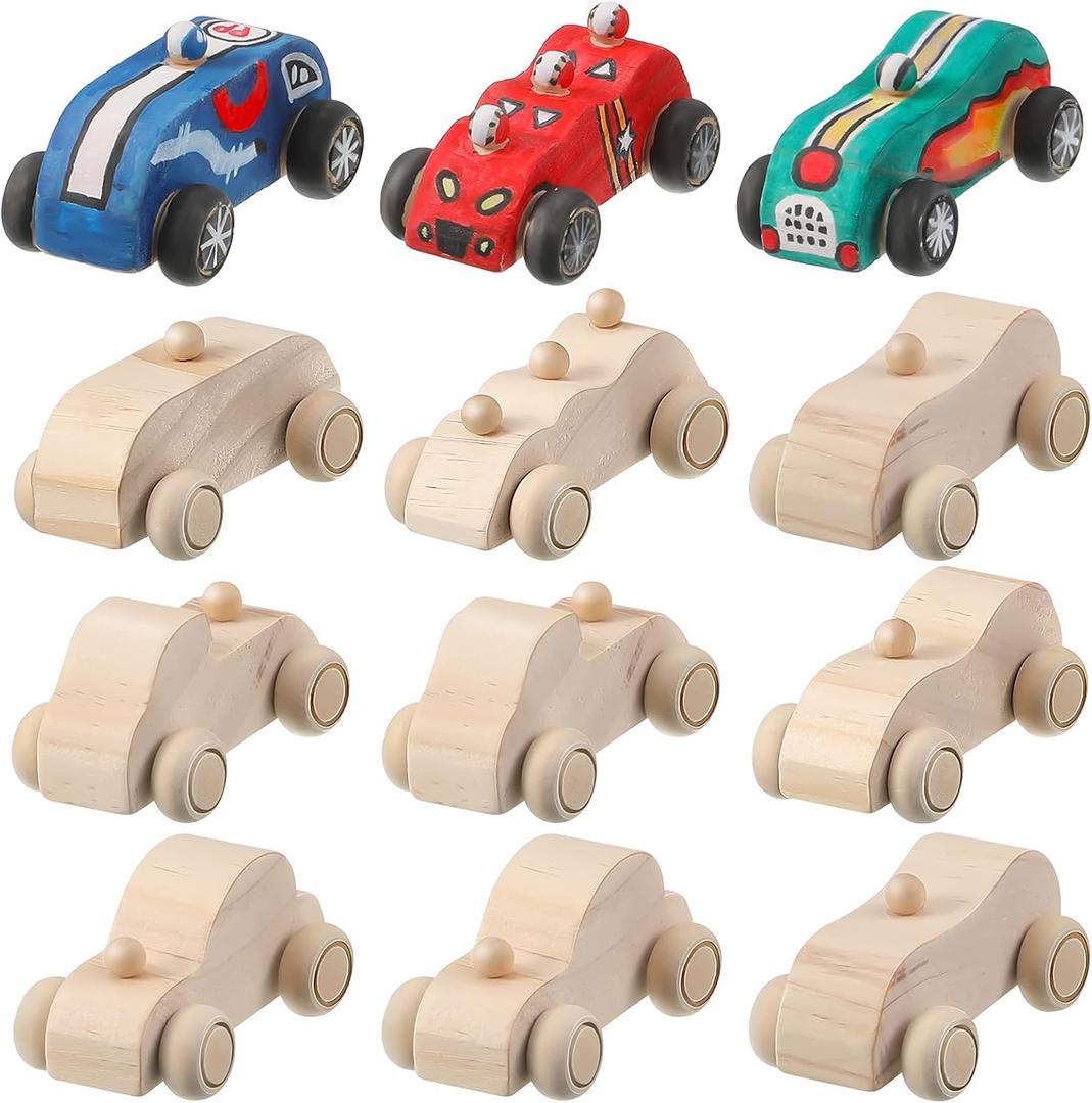 12 Pieces Wood DIY Car Toys Paintable Race Cars Unfinished Wooden Toy Painting Crafts Kit for Student Easy Woodworking Set Kid Family Activities Arts and Crafts Kit, Small