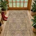 Vintage Floral Brown 3x5 Area Rugs for Entryway, Kitchen, Bathroom, Bedroom Beside Rug, Laundry Room, Non-Slip Low Pile Ultra Soft Stain Resistant Small Gold and Taupe Carpet