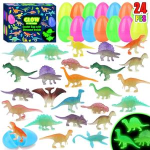GWAHSA 24pcs Prefilled Easter Eggs with Glow in The Dark Dinosaur Figures Toys Inside Easter Basket Stuffers Gifts Birthday Party Favors Supplies for Kids Classroom Prizes Pinata Goodie Bag Fillers