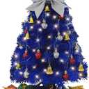 Small Blue Christmas Tree with Lights - 23 Inch Mini Tabletop Christmas Tree with Warm-White LED Lights, Hanging Ornaments, Decorative Bow and Gift Boxes - Table Tree for DIY Christmas Decoration