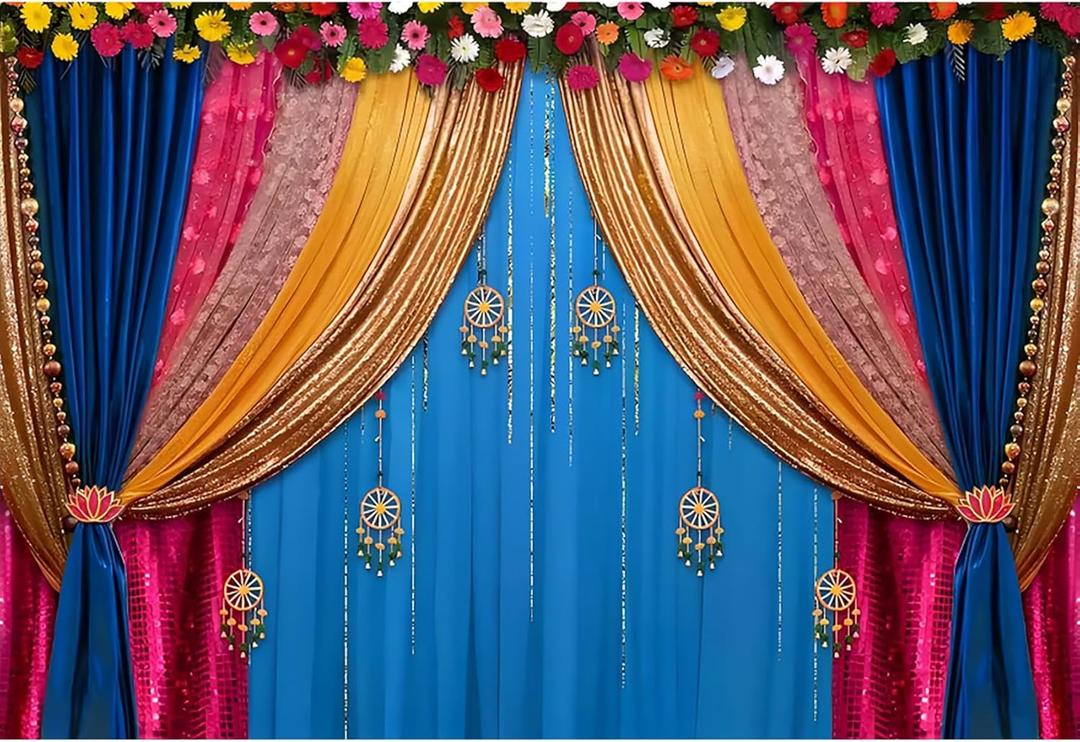 7x5ft India Style Backdrop Photography Curtain Flower Garland Photography Background India Hindu Wedding Traditional Banner Diwali Pooja Decorations for Bride Couple Portrait Props