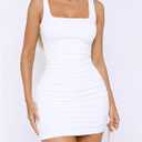 ForeFair Womens Summer Tank Mini Dress Square Neck Sleeveless Ruched Bodycon Double Lined Party Club Casual Going Out Dresses (White, S)