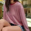 Gardenwed Long Sleeve Shirts for Women Striped Crewneck Loose Fit Basic Tops 2025 Fall T-Shirt (Red, S)