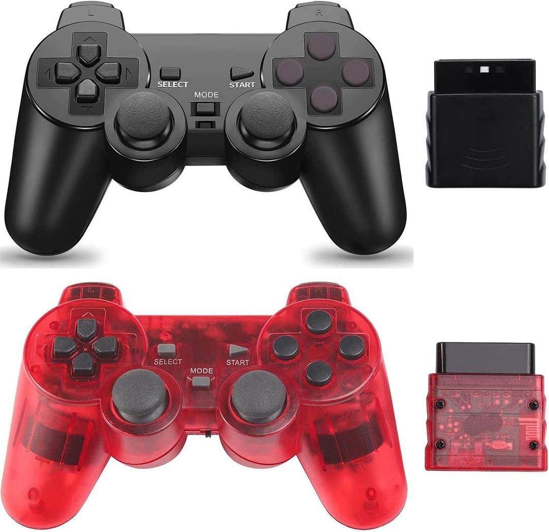 Burcica Wireless Controller for PS-2 Play 2 Double Vibration 2 - Black and ClearRed