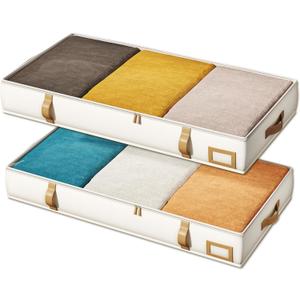 Vailando Under Bed Storage Containers, Foldable Storage Bins for Blankets, Comforter, and Seasonal Clothing, 6 Inches Tall, Beige with Brown Leather Handles, 2-Pack