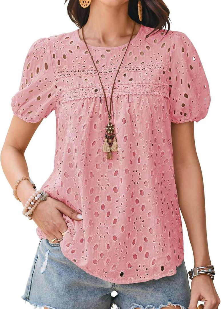 Falechay Womens Summer Tops Crewneck Short Sleeve T-Shirts Casual Babydoll Chiffon Blouses Eyelet Flowy Lace Hem Boho (Pink, M)