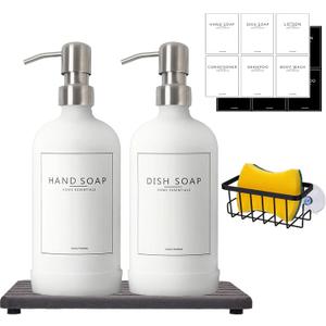 Kitchen Soap Dispenser Set with Instant Dry Tray & Sponge Holder,16 Oz Hand and Dish Soap White Glass Dispenser Set,Stainless Steel Pump,Waterproof Labels,Luxury Soap Bottle for Bathroom