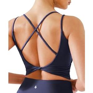 BRXL Womens Twist Back Sports Bra Longline Buttery Soft Low Impact Yoga Bra Removable Pads Scoop Neck Crop Top (Small, Navy Blue)