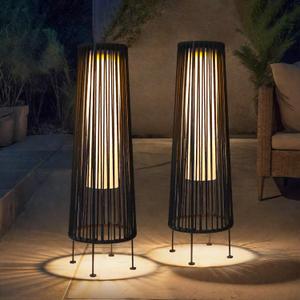 TRIROCKS Outdoor Floor Lamp 2 Piece Solar Powered Lantern Wicker Solar Patio Lamp with Olifen Rope Waterproof Rattan Outside Solar Deck Light for Patio Garden Lawn Yard (Black)
