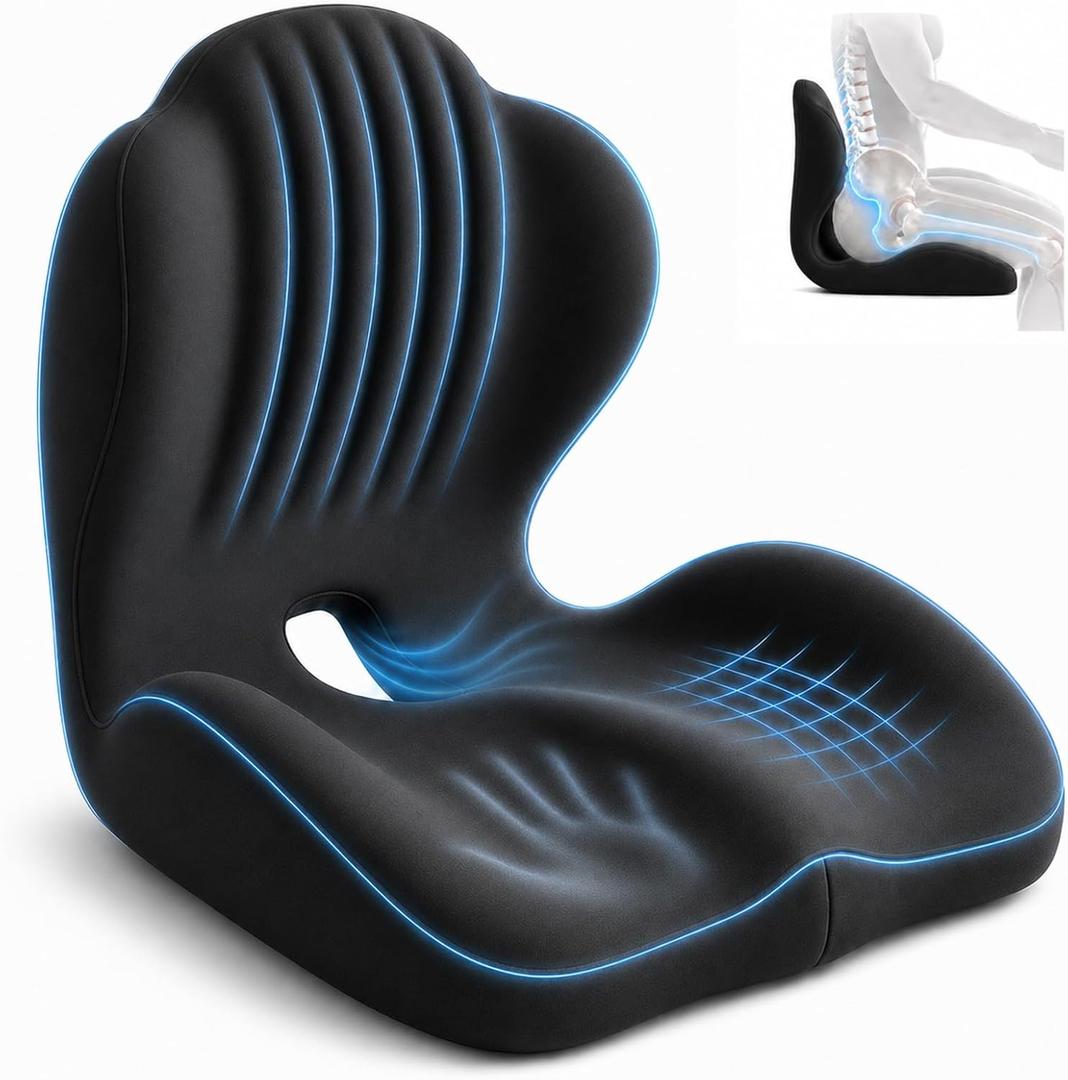 2-in-1 Ergonomic Seat Cushion with Lumbar Support, L-Shaped Memory Foam Chair Cushion with Hollow Center, Five-Zone Sitting Support for Office Chair, Car, Truck, Gaming, Wheelchair, Long Sitting