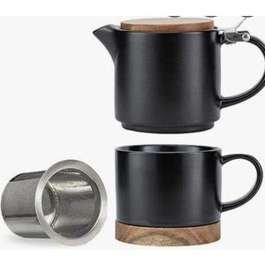 Tea Pot Sets for One,Stackable Ceramic Tea Set for One with 10 oz Personal Teapot and Infuser,Single Teapot and Cup Set for Adults(Matte Black)