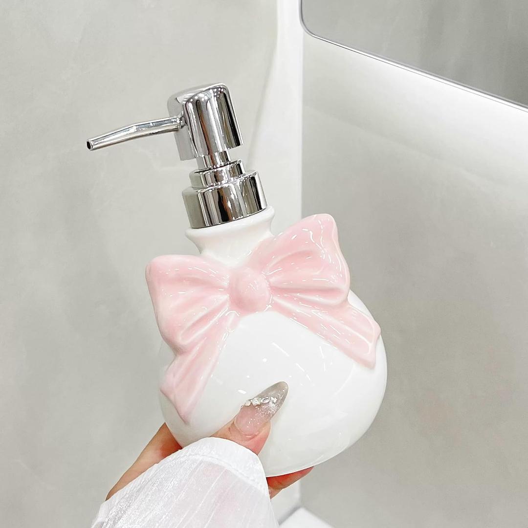 Cute Ceramic Pump Bottle with Bow, Refillable for Hand Soap, Dish Soap, Lotion or Shampoo  Bathroom & Kitchen Use