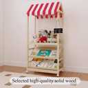 3 Tier Wood Storage Rack with Lockable Casters for Easy Movement for Living Room Bed Room Wooden Storage Shelf Bookshelf Coat Rack for Books Toys Clothes, a Rod (Red & White roof)