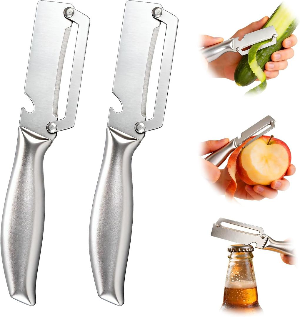 2 x Multifunctional Vegetable Peeler for Peeling Potato Carrot(2 Pack) | 2 in 1 Full Stainless Steel Peeler Knife | Bottle Opener Function | Fruit Cucumber Slicer