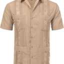 Allsense Men's Short-Sleeve Button-Down Cuban Guayabera Shirt (Medium, Khaki)