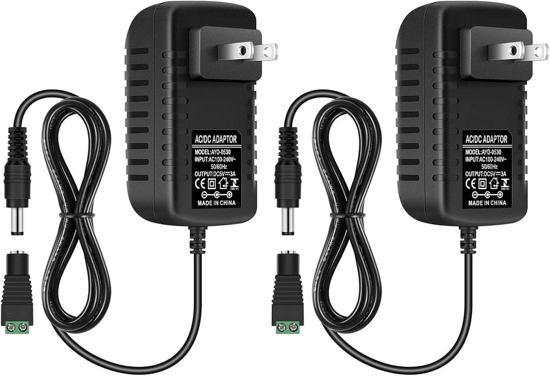5V Power Supply, DC 5 Volt 3A 15W LED Power Supply, AC 100-240V AC to DC 5V Converter, Wall Plug Power Adapter for Strip Light CCTV Camera Security System, 5.5/2.1mm Plug(2 Pack)