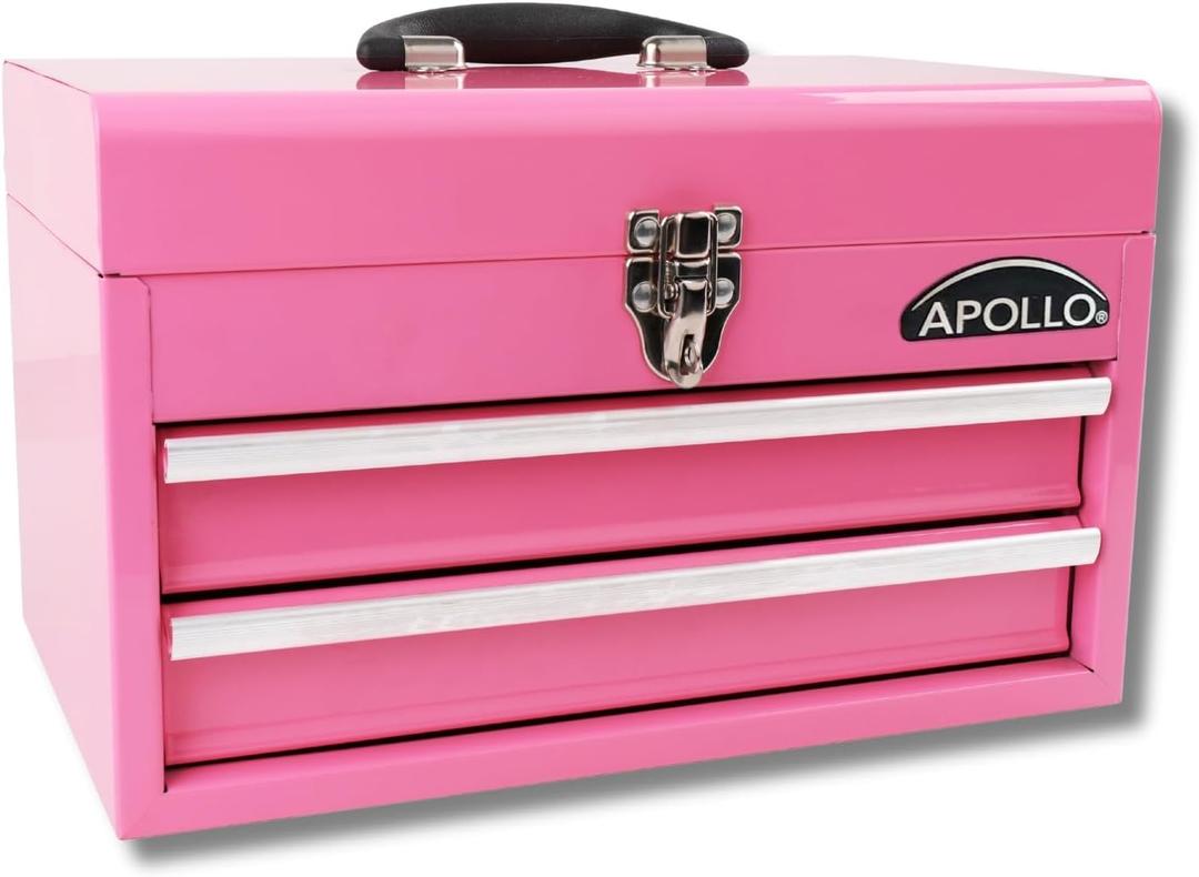 Apollo Tools 14 Inch Steel Tool Box with Deep Top Compartment and 2 Drawers in Heavy-Duty Steel With Ball Bearing Opening and Powder Coated Finish - Pink Ribbon - Pink - DT5010P
