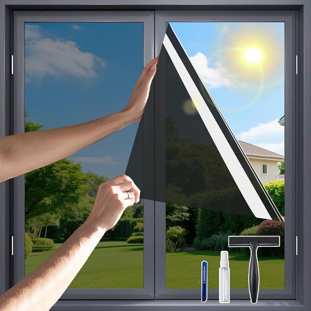 One Way Privacy Window Film，Flueen Shatterproof PET Window Tint for Heat Control & 99% UV Protection Blackout Window Treatment for Home, Office Doors with Eco-Adhesive Nocturnal Black 31.5"×78.7"