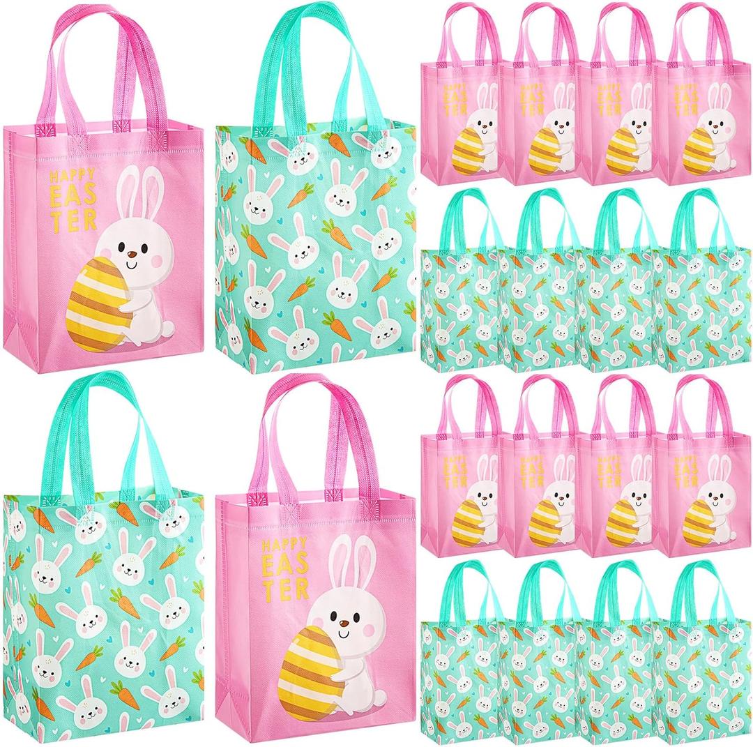 Wovnet 30 Pcs Easter Gift Bags Pastel Colors Easter Bunny Goodie Treat Tote Bags with Handle Reusable Non Woven Rabbit Carrots Party Favor Pouch for Spring Party Supplies 10 x 8 x 4in (Pink)