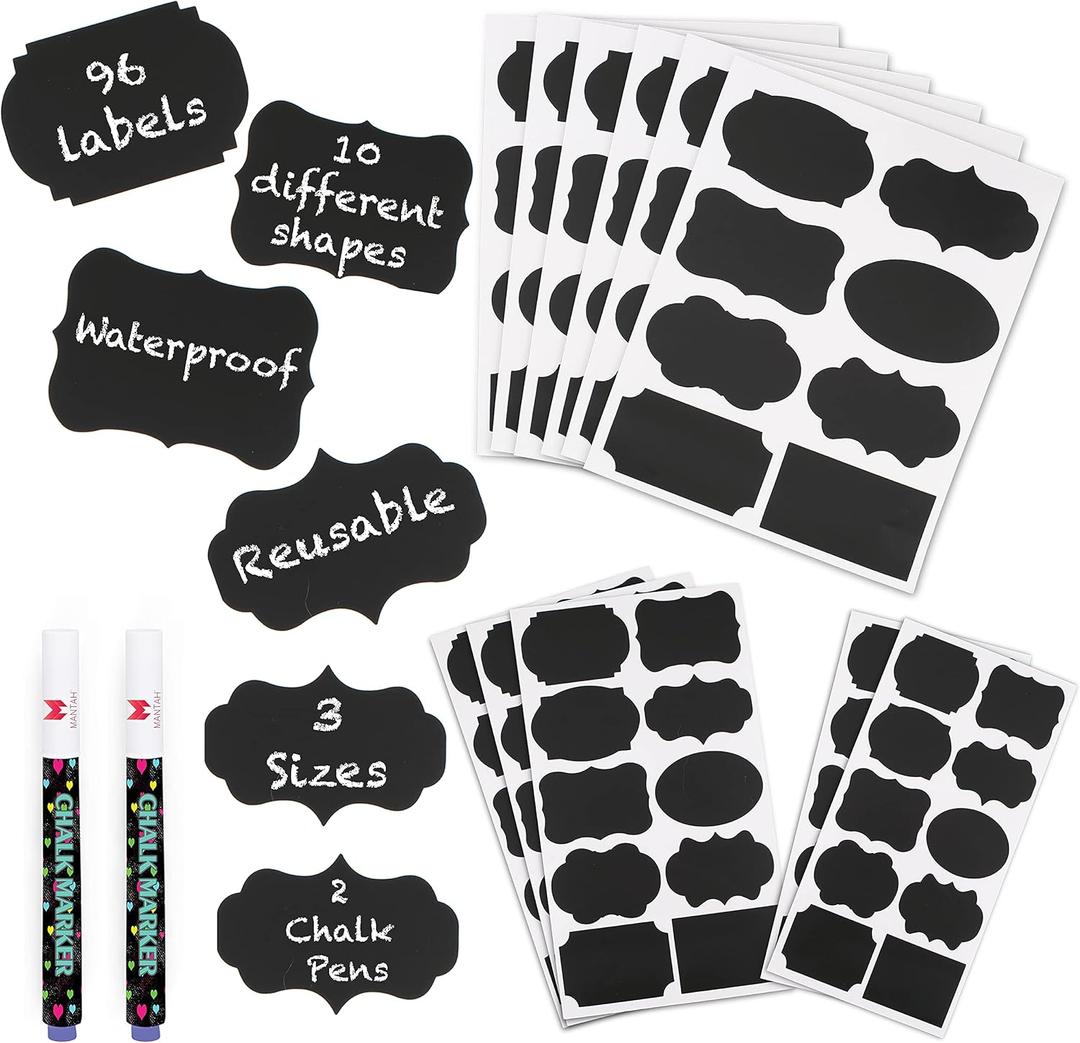 Mantah Chalkboard Label Stickers 96pcs - 9 Assorted Shapes in 3 Sizes with 2 White Chalk Marker, Reusable Waterproof Label for Storage Bin, Food Container, Jars, Containers