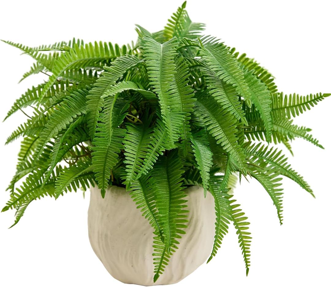 9'' Faux Boston Fern Potted  Small Artificial Plant in White Boho Embossed Planter for Tabletop, Home, Office, Bathroom, Indoor & Sheltered Outdoor Decor