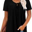 BETTE BOUTIK Womens Summer Tops Corded Short Sleeve Tunic Shirts Pleated Crewneck Corded Tops Blouses  (Black, M)