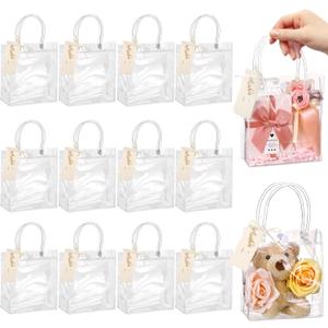 HairChrysm 12 Pack Clear Gift Bags with Handles, 5.1" L x 2.75" W x 5.9" H - Small Plastic Party Favors Bags for Wedding Birthday Baby Shower Includes Gift Tags & Ribbon Candy Tote Goodie Bag Bulk