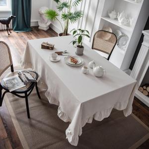 Retro Farmhouse Ruffle Tablecloth Cotton Linen Tablecloth with Flounces Trim Dust-Proof Washable Table Cover for Kitchen Party Dinner Picnic Decor (Rectangle/Oblong, 39 x 55 Inch, White)