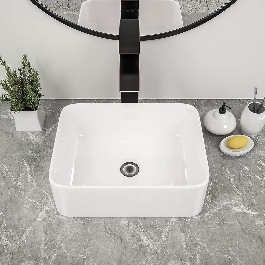 16"x12" Modern Vessel Sink Rectangular Above Counter White Ceramic Bathroom Vessel Vanity Sink Rectangle Basin
