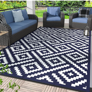 5x8 Outdoor Rug Waterproof, Reversible Mats, Area Rug, Plastic Outside Carpet, Geometric Rv Mat for Patio Camping Picnic Backyard Deck Balcony Porch Beach Trailer (Navy Blue & White)