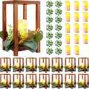 42 Pcs /14 Set Wedding Lantern Centerpiece for Table-Wooden Candle Lantern Bulk Includes 14 Farmhouse Wooden Candle Holder 14 Flameless LED Candles 14 Eucalyptus Leaves Wreath for Decoration