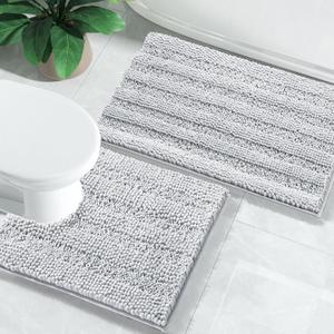 Yimobra Washable Bathroom Rugs Sets 2 Piece, Non Slip and Absorbent Toilet Mat, Quick Dry, Luxury Microfiber Chenille Plush Contour Bath Rugs for Toilet Base (Silver Grey, 17" x 24"+20" x 24.4")