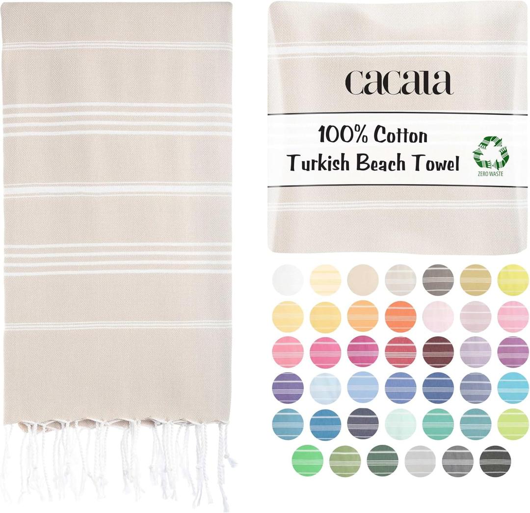 Cacala Lightweight and Thin Turkish Beach Towel 100% Cotton Sand-Free and Quick-Drying Goodness Perfect as an Extra Large Travel Towel, Beach Accessory, or Gift for Beach Lovers, 37 x 70 (Beige)