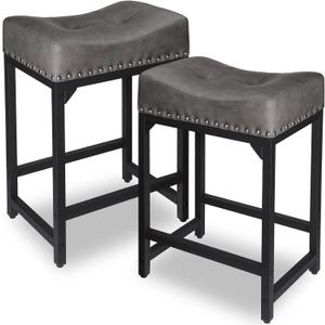 Counter Height Bar Stools Set of 2, Bar Stools for Kitchen Counter, 24 Inch Counter Stools Saddle Barstools with Metal Base for Pub, Bar, Kitchen Dining Room (Grey & Black)