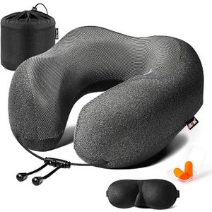MLVOC Travel Pillow 100% Pure Memory Foam Neck Pillow, Comfortable & Breathable Cover, Machine Washable, and Luxury Bag, Standard (Black)