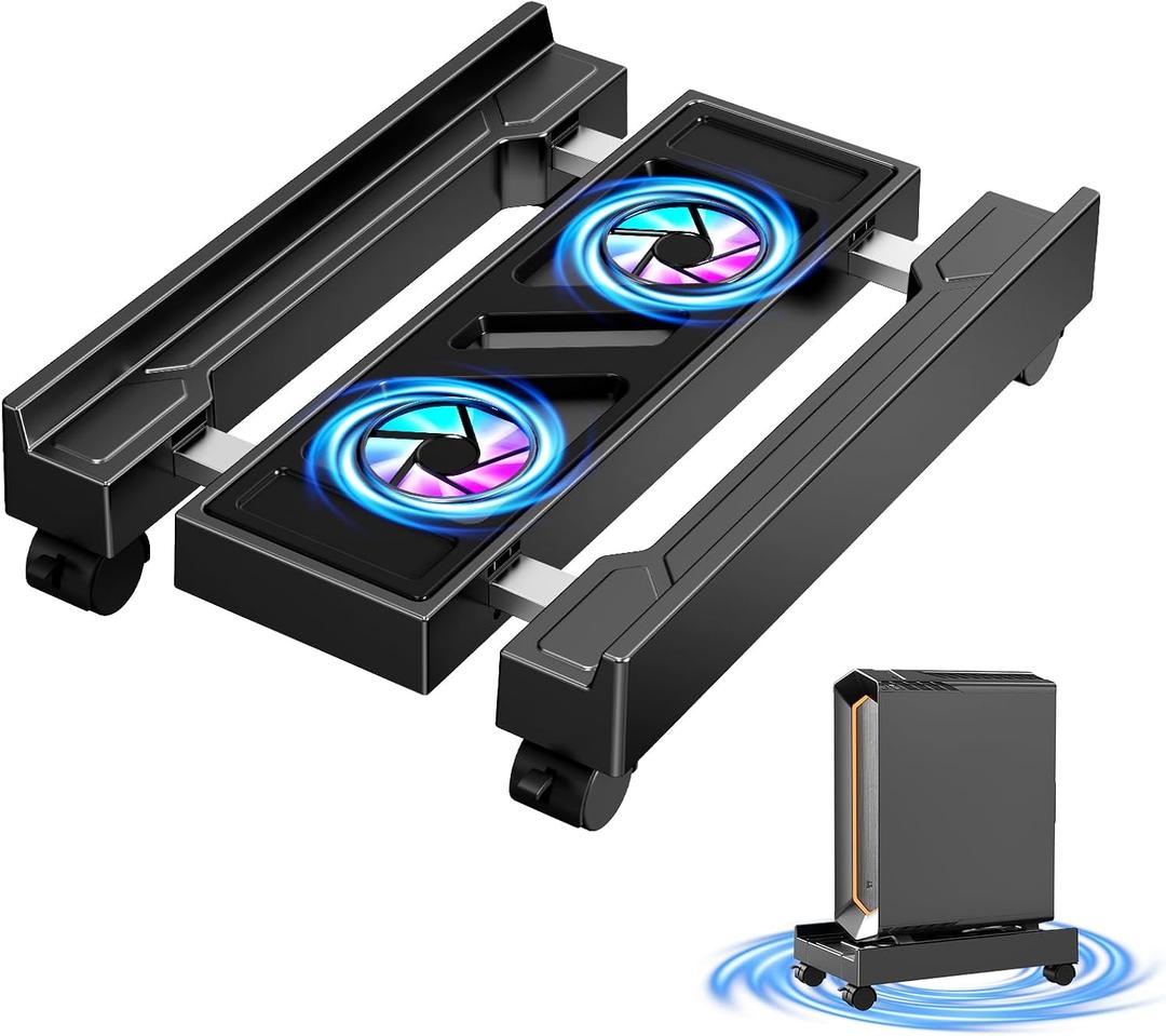 Adjustable Computer Tower Stand with Cooling Fan, Mobile CPU Holder with 4 Rolling Casters, Under Desk CPU Bracket PC Floor Cart PC Riser for Office, Home and Classroom. (Fan version) (Black)