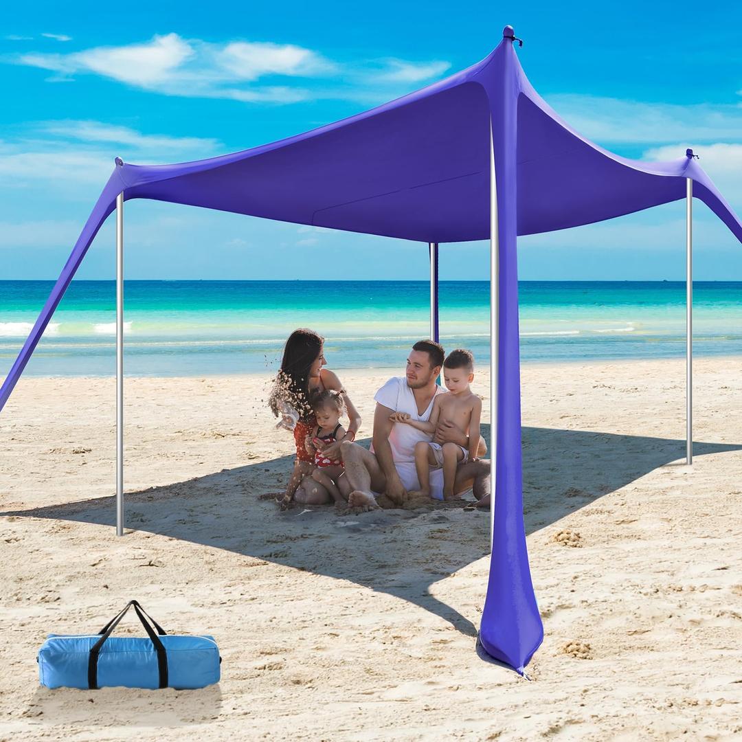 Beach Tent - 10 x 10 FT Beach Canopy, Portable Beach Tent Sun Shelter UPF50 with 4 Sandbags, Anti-Wind Ropes,Ground Pegs, and Stability Poles,Outdoor Beach Shade Canopy for Camping
