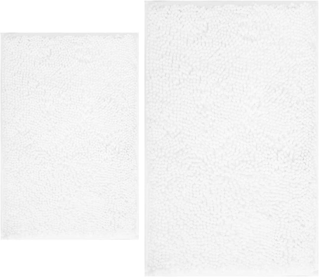 BOANKODU White Bathroom Rugs Sets 2 Piece, Soft Chenille Bath Mat Absorbent Bathroom Rug, Bathroom Mat with PVC Non-Slip Bottom, Machine Washable Bath Rugs (30x40 Inch + 24x16 Inch, White)