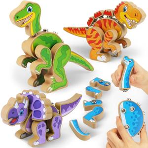 Coogam Build Your Own Dinosaurs Toy, Snap Together Building Dinosaurs Playset, Wooden STEM Take Apart Dinosaur Builder, Montessoi Fine Motor Building Toy Gift for 3 4 5 Years Old Kids, Small