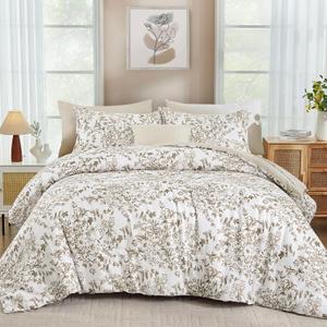 WONGS BEDDING 8 Pieces Comforter Sets Queen Size Brown Floral Bed Set