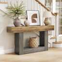 LITTLE TREE 63 Inches Long Console Table, 2-Tier Farmhouse Sofa Table Behind Couch, Large Narrow Entryway Table for Living Room, Wooden Hallway Foyer Table with Heavy Duty Base, Rustic Brown and Grey, 63 inches x 11.81 inches x 32.28 inches
