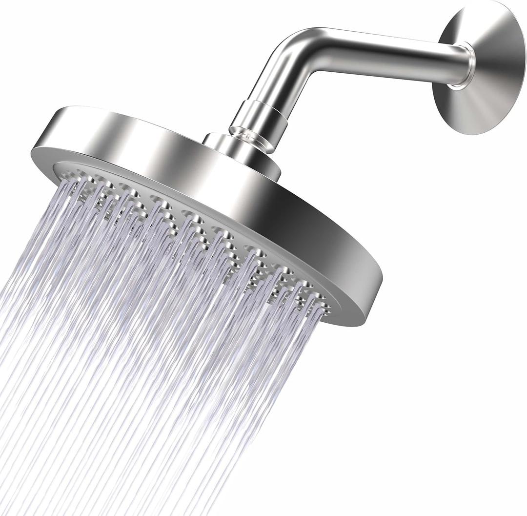 High Pressure Shower Head Anti-Clogging Silicone Nozzles 1.8 GPM Removable Restrictor - Easy to Clean - Easy to Install with Plumbers Tape - 6 inch - Brushed Nickel Finish (Chrome, 1.8GPM)