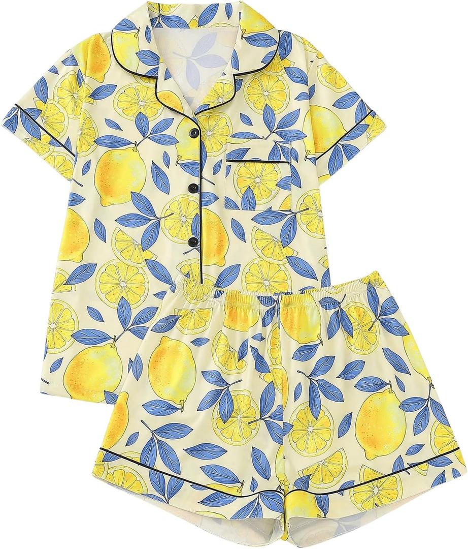 Verdusa Women's 2 Piece Sleepwear Button Down Pajama Sets Short Sleeve Shirt and Shorts (Large, Yellow Lemon)